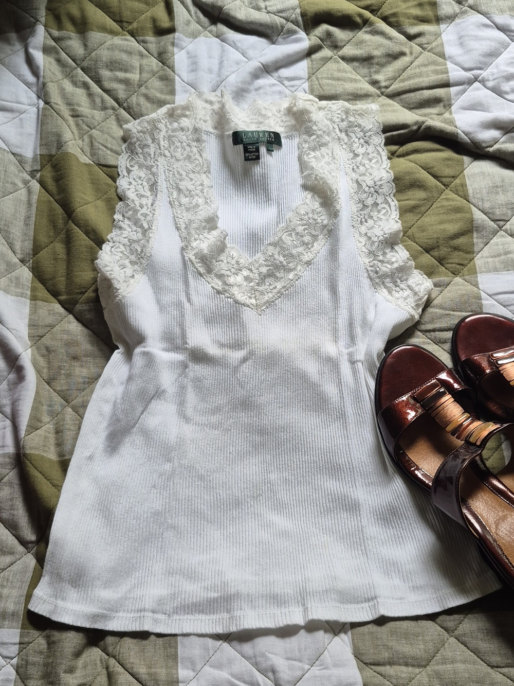 Lauren Ralph Lauren White Lace-Trim Ribbed V-Neck Tank